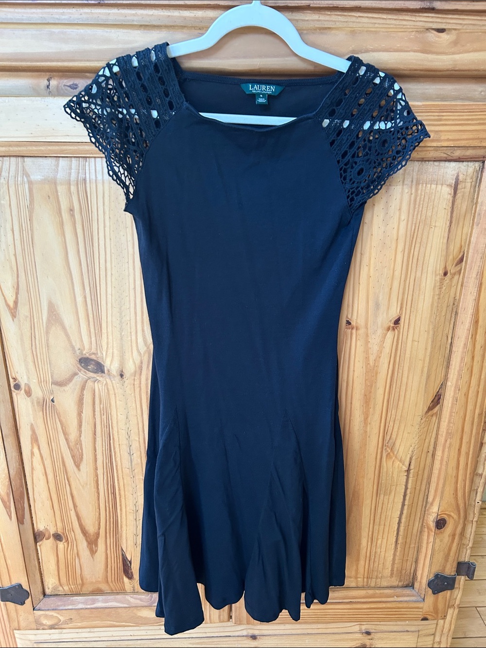 Lauren Ralph Lauren Black‎ Knit Dress with Crochet Cap Sleeves Fit & Flare